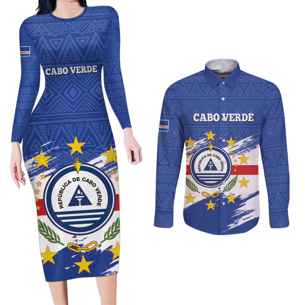 Personalized Cape Verde Couples Matching Long Sleeve Bodycon Dress and Long Sleeve Button Shirt Coat Of Arms - African Pattern - Wonder Print Shop