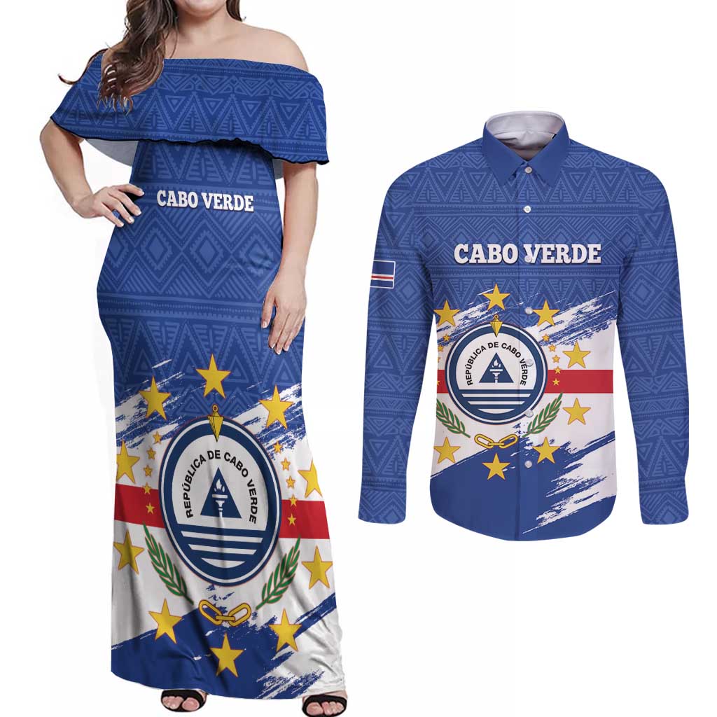 Personalized Cape Verde Couples Matching Off Shoulder Maxi Dress and Long Sleeve Button Shirt Coat Of Arms - African Pattern - Wonder Print Shop