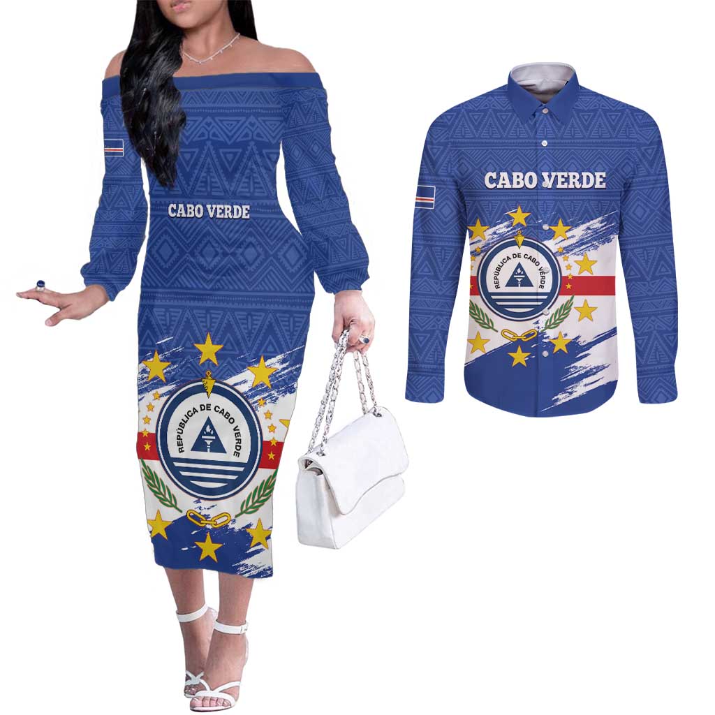 Personalized Cape Verde Couples Matching Off The Shoulder Long Sleeve Dress and Long Sleeve Button Shirt Coat Of Arms - African Pattern