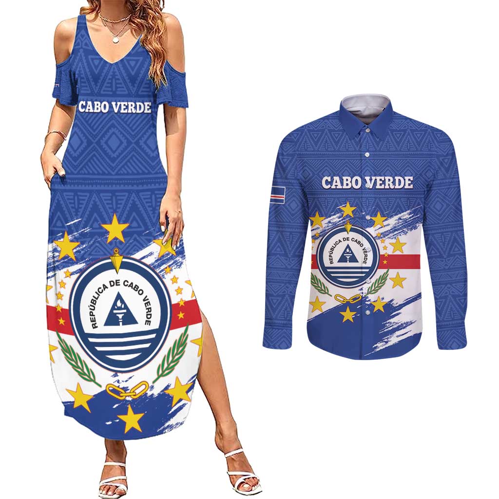 Personalized Cape Verde Couples Matching Summer Maxi Dress and Long Sleeve Button Shirt Coat Of Arms - African Pattern - Wonder Print Shop