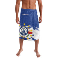Blue lavalava-style wrap skirt with elastic waistband and coat of arms emblem