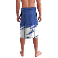 Blue lavalava-style wrap skirt with elastic waistband and patterned panels
