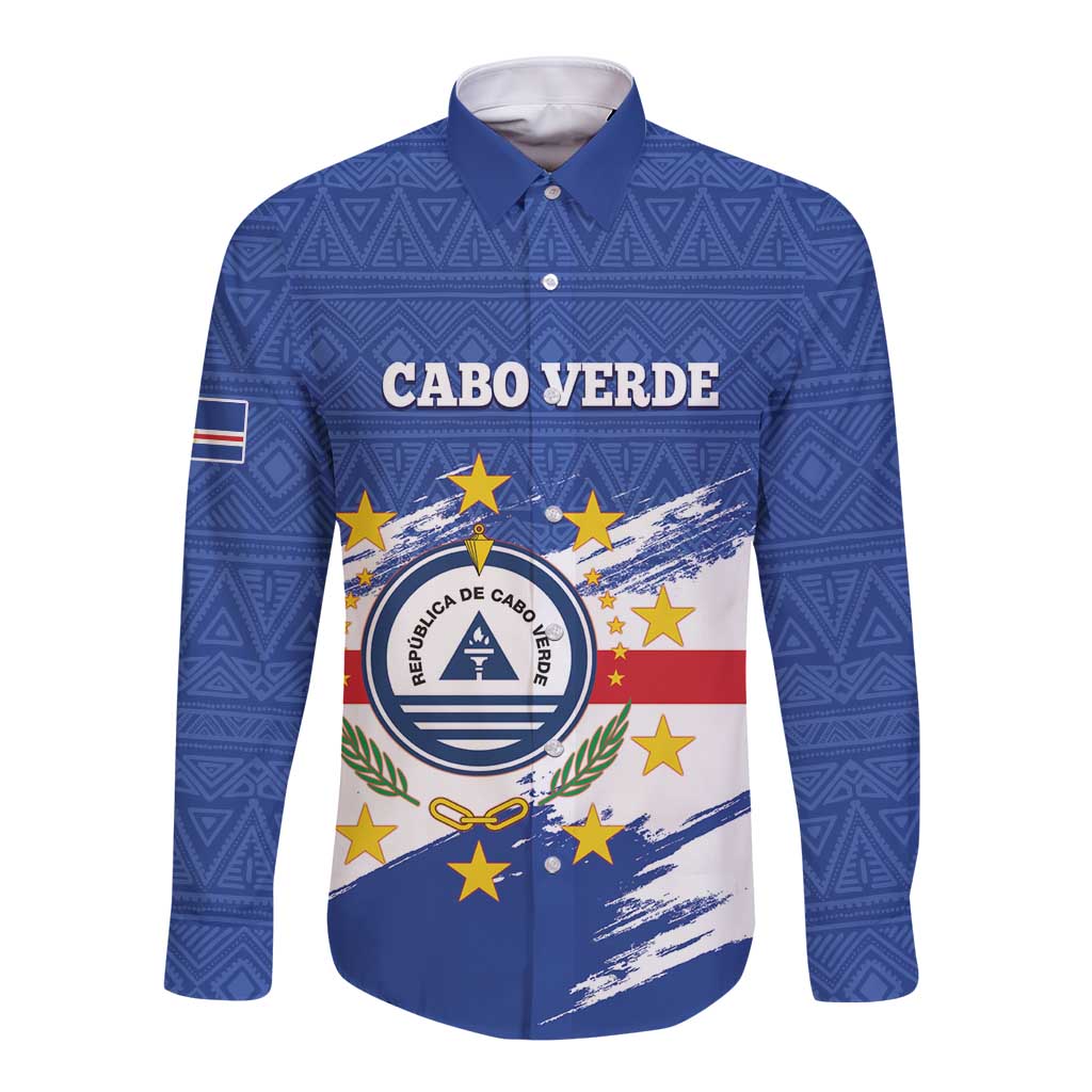Blue long-sleeve button shirt with Cape Verde crest and flag graphic