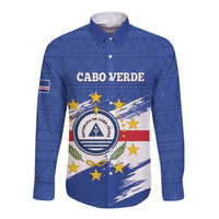 Blue long-sleeve button shirt with Cape Verde crest and flag graphic