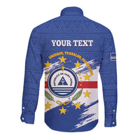 Blue long-sleeve button shirt with 'YOUR TEXT' and Cape Verde crest back graphic