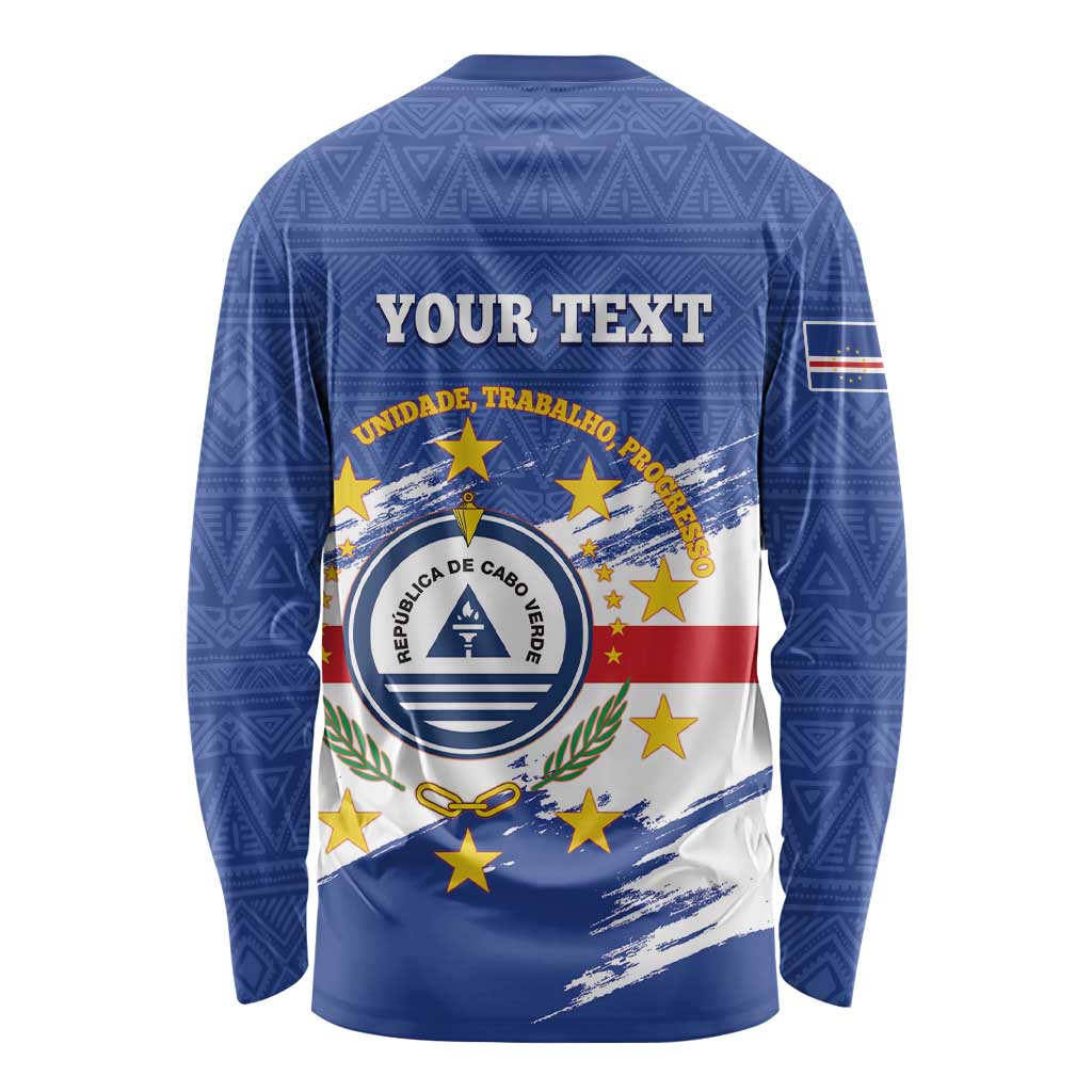 Personalized long-sleeve shirt with back “Your Text” and Cabo Verde crest, blue pattern