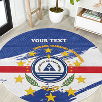 Blue round rug with Cape Verde coat of arms, stars and stripes, personalized text band