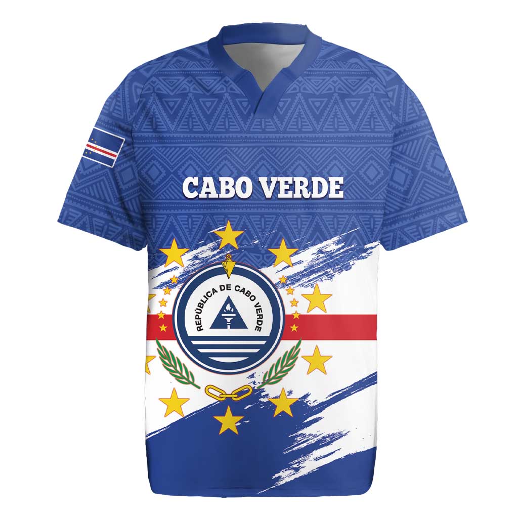 Personalized Cape Verde Rugby Jersey Coat Of Arms - African Pattern - Wonder Print Shop