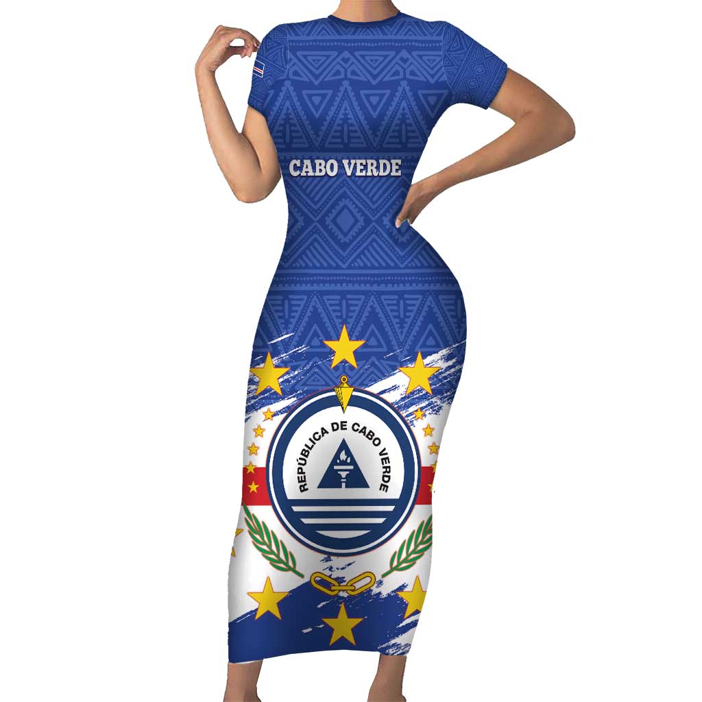 Personalized Cape Verde Short Sleeve Bodycon Dress Coat Of Arms - African Pattern - Wonder Print Shop