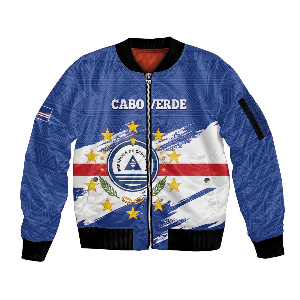 Personalized Cape Verde Sleeve Zip Bomber Jacket Coat Of Arms - African Pattern - Wonder Print Shop