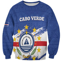 Unisex blue sweatshirt with Cabo Verde crest and flag graphic across front