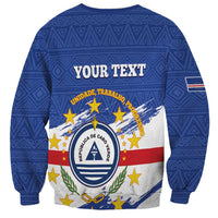 Unisex blue sweatshirt with Your Text banner and Cabo Verde flag crest graphic
