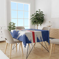 Personalized Cape Verde tablecloth draped on dining table, blue flag-style print