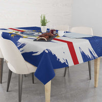 Personalized Cape Verde tablecloth on dining table with blue, white, and red stripe design