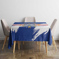 Personalized Cape Verde tablecloth on small table, blue coat-of-arms emblem and stars