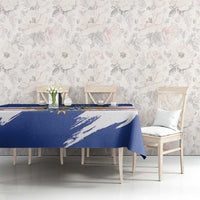 Personalized Cape Verde tablecloth on dining set, blue and white emblem with star accents
