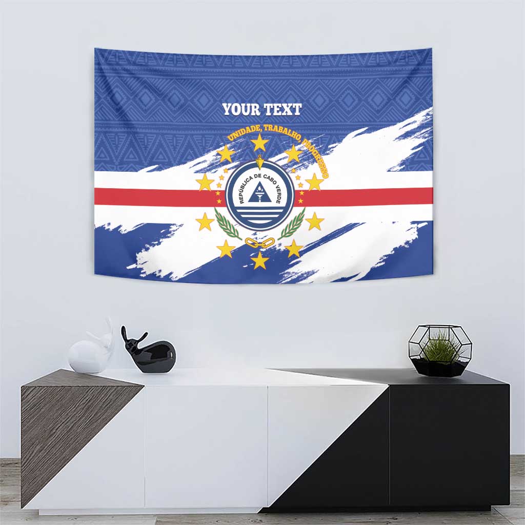 Blue tapestry wall hanging coat of arms design with stars and “YOUR TEXT”