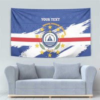 Blue personalized tapestry coat of arms wall hanging with “YOUR TEXT” and crest
