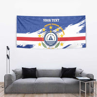 Blue coat of arms tapestry wall hanging with “YOUR TEXT” and star wreath