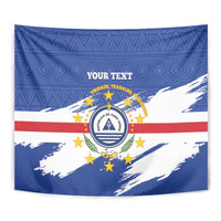 Blue personalized tapestry coat of arms wall hanging close-up with emblem and stars
