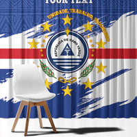 Blue Cape Verde coat of arms curtain with stars, red stripe, and white diagonal brush strokes.