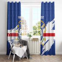 Blue Cape Verde coat of arms window curtains with stars, red stripe, and white diagonal brush marks.
