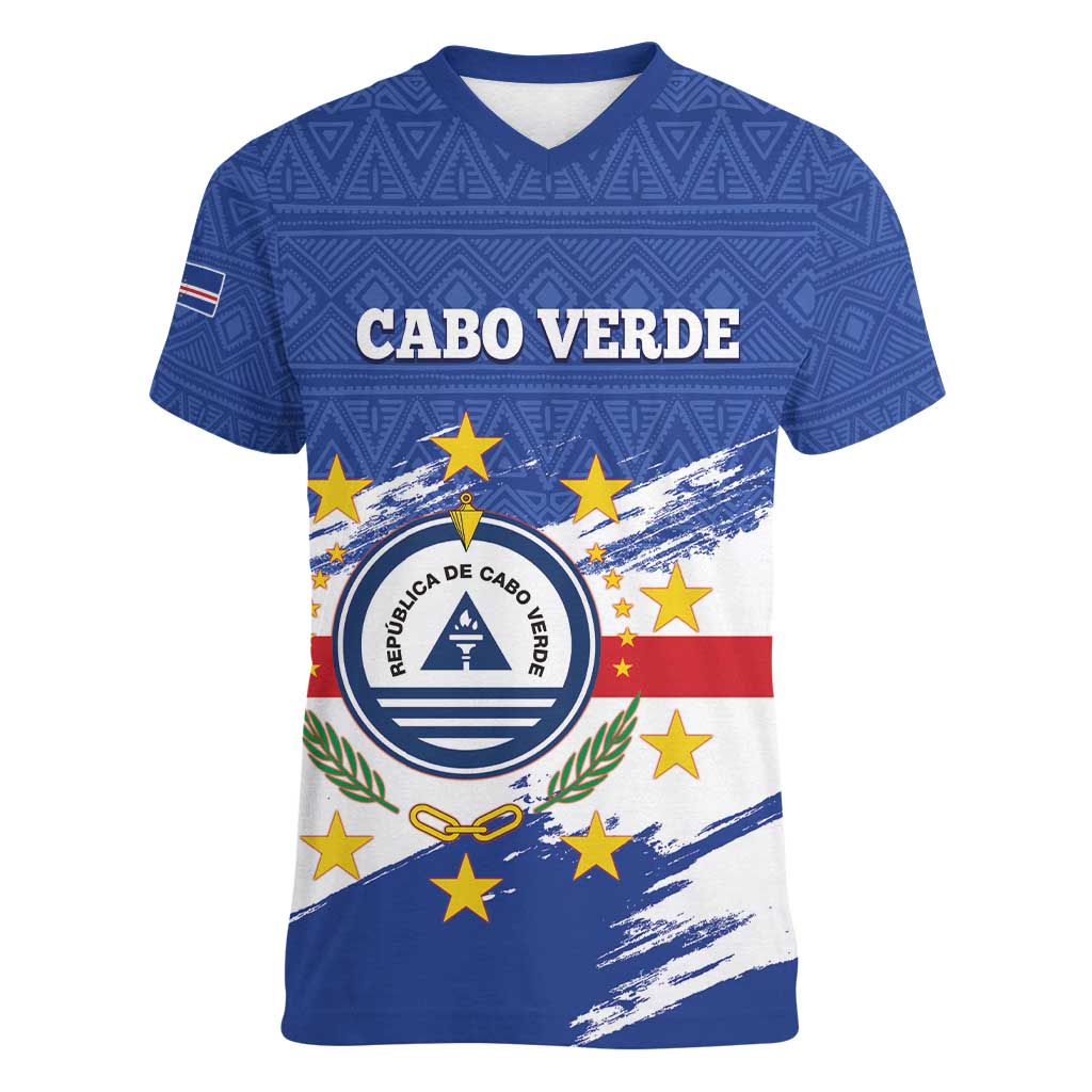 Personalized Cape Verde Women V-Neck T-Shirt Coat Of Arms - African Pattern - Wonder Print Shop