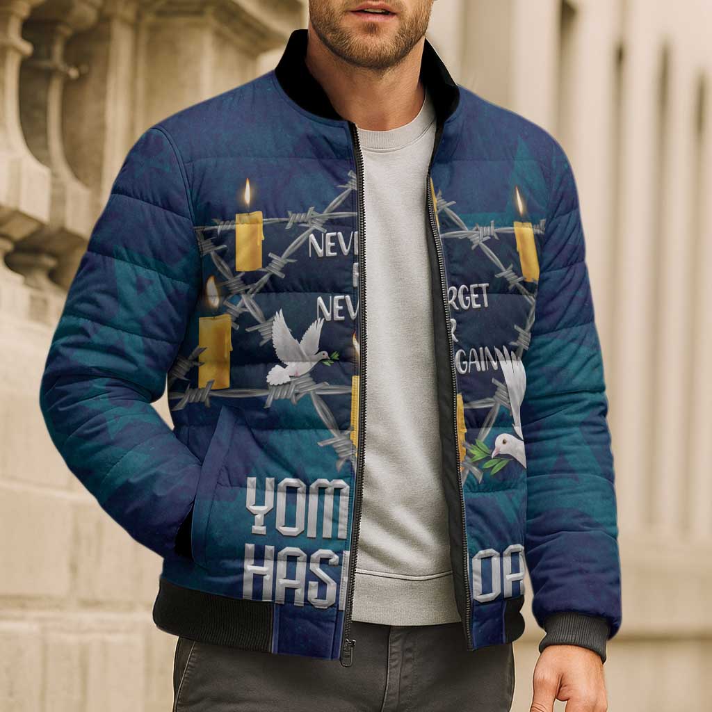 Personalised Israel Holocaust Remembrance Day Bomber Puffer Jacket Yom HaShoah Never Forget Never Again