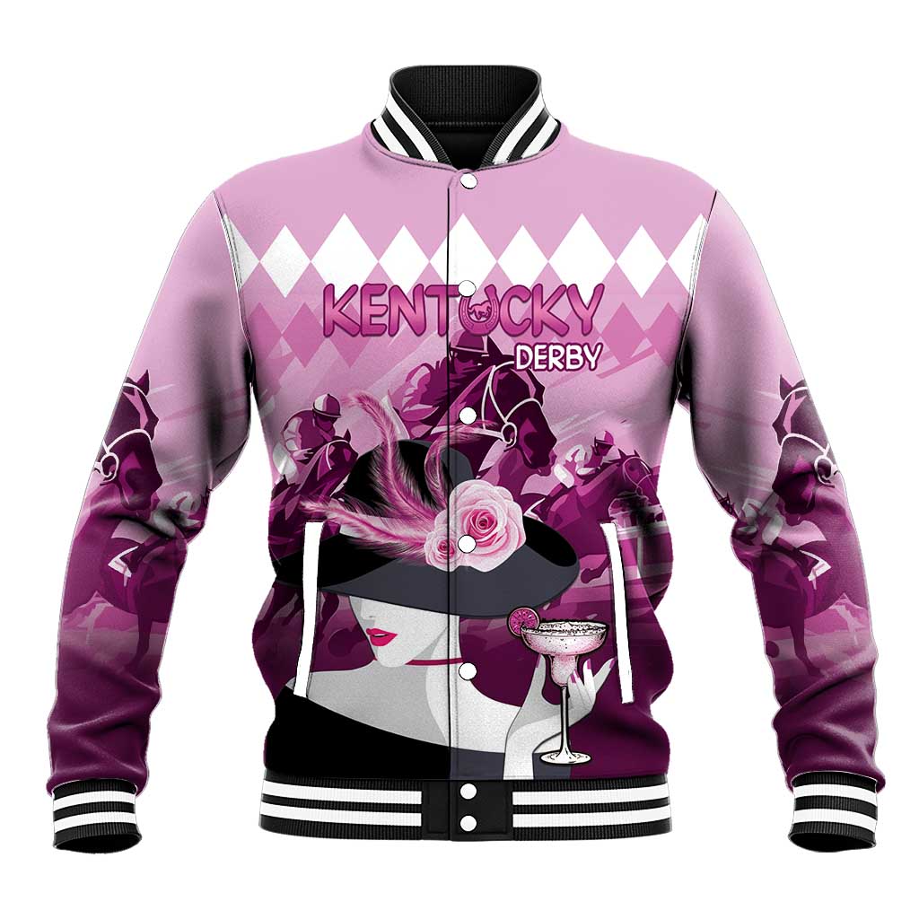Pink varsity baseball jacket with KENTUCKY DERBY graphic and horse racing illustration