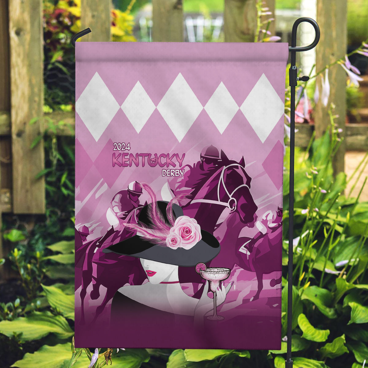 2024 Kentucky Horse Racing Garden Flag Derby Mint Julep Girl - Pink Pastel - Wonder Print Shop