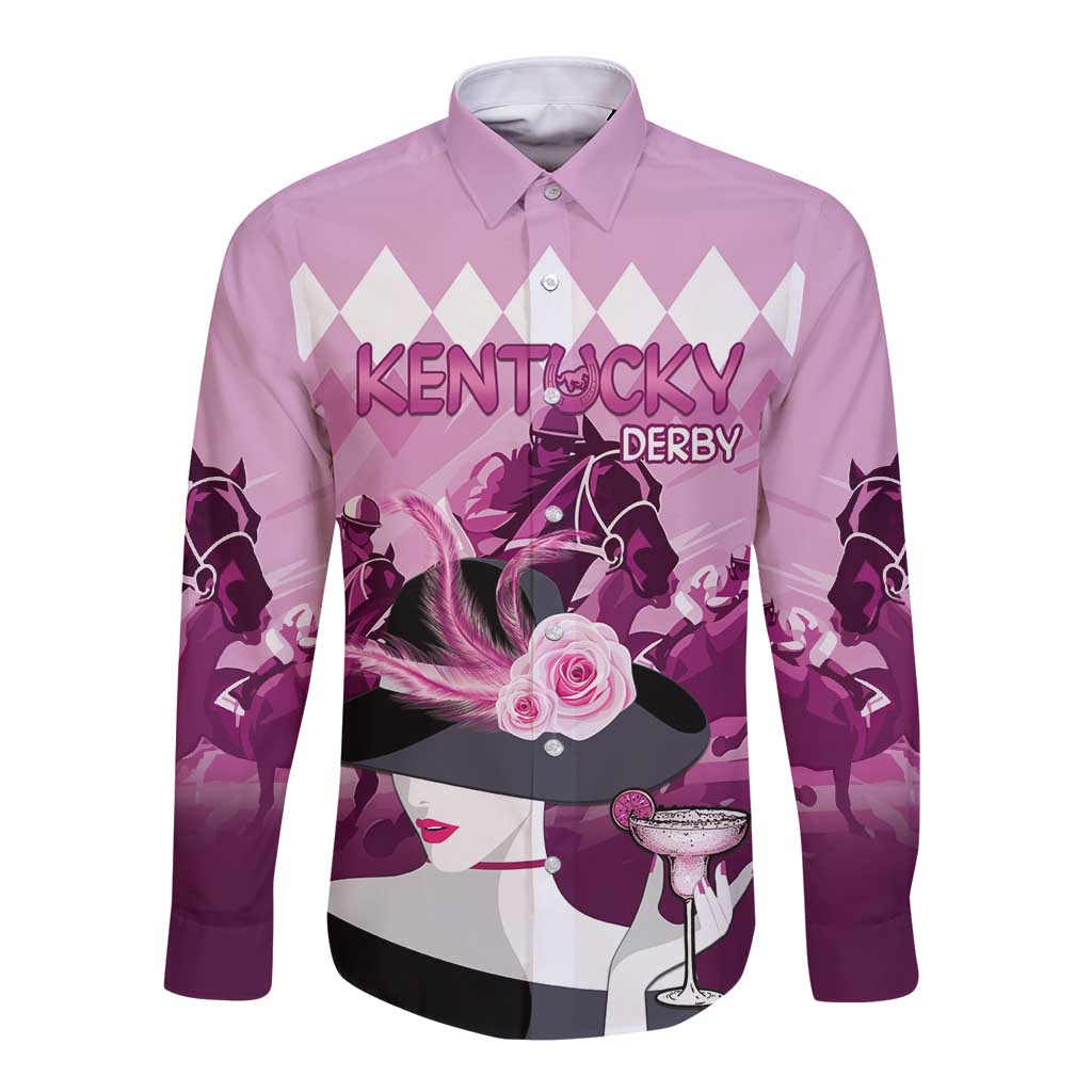 Pink long-sleeve button shirt with horse racing graphic and floral accents