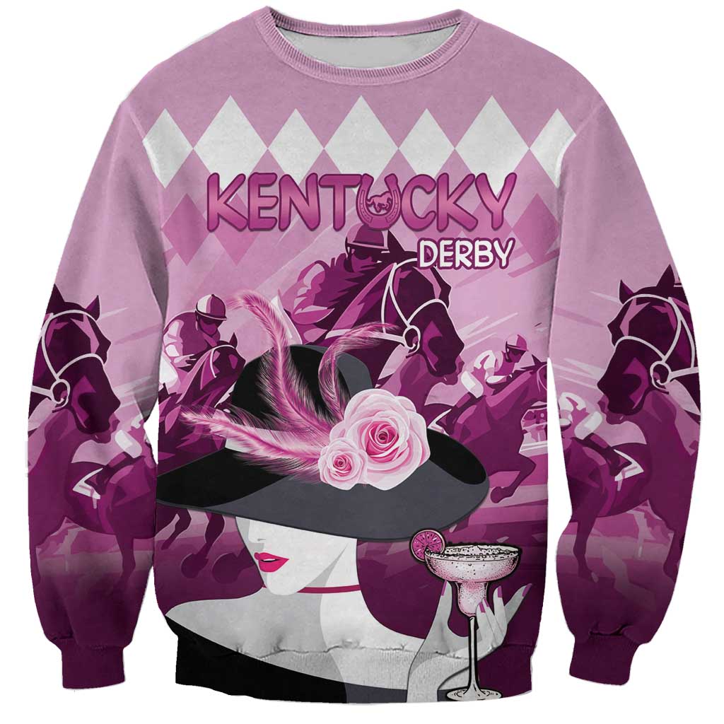 Pink pastel sweatshirt with KENTUCKY DERBY graphic of horses, roses, and mint julep