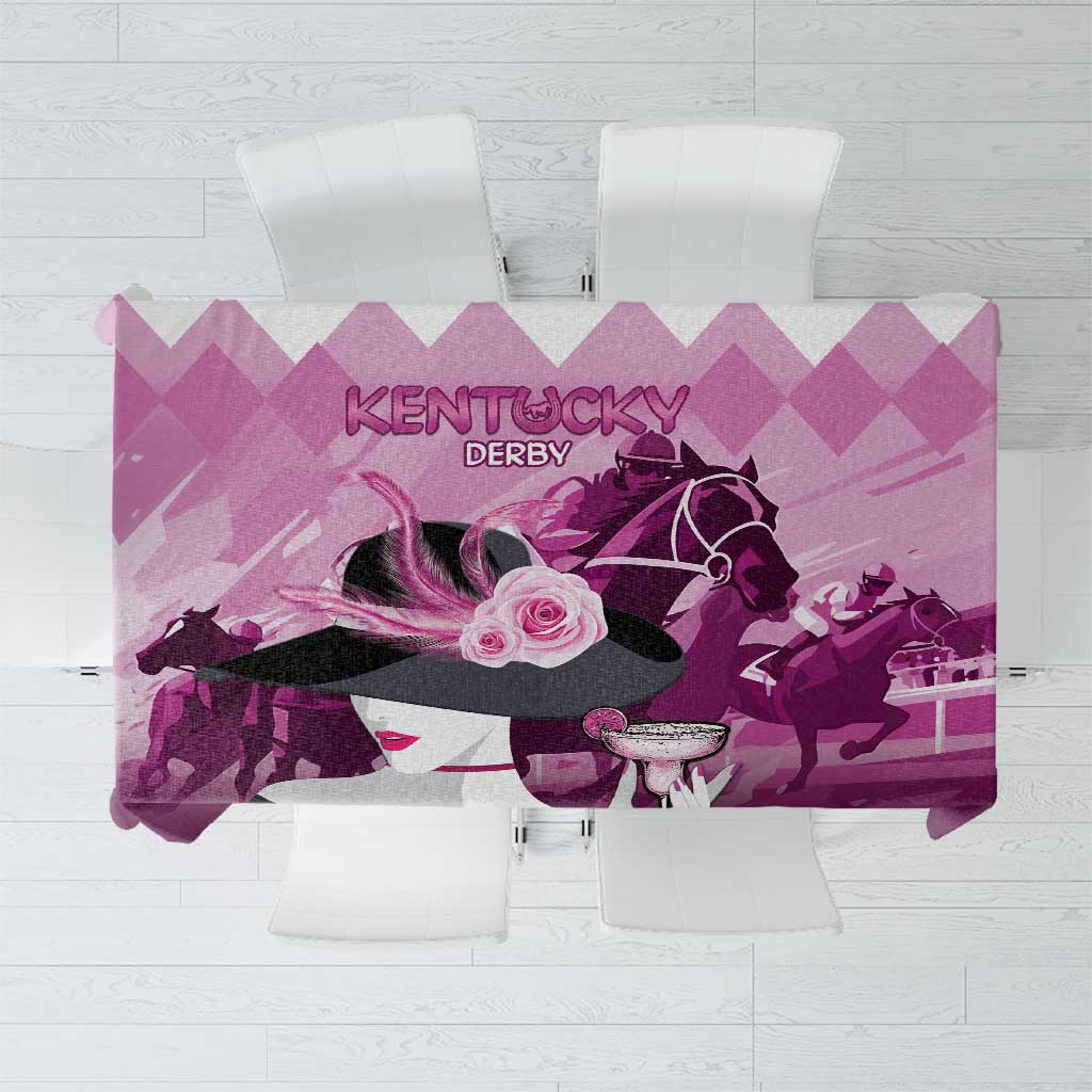Pink and purple printed tablecloth with Kentucky Derby text and horse graphic