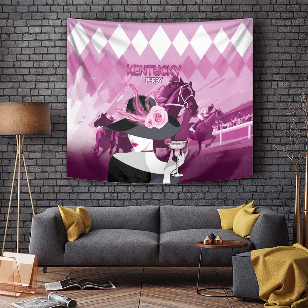 Pink and white Kentucky Derby tapestry showing horse, jockey girl, martini glass