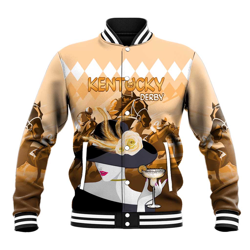Gold baseball jacket with black striped collar, button front, and horse racing graphic