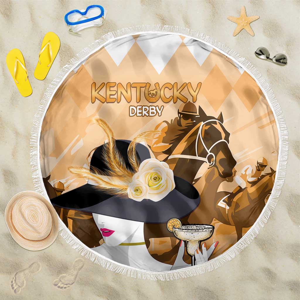 Gold round beach blanket with “KENTUCKY DERBY” text, horse and jockey graphic, white fringe edge