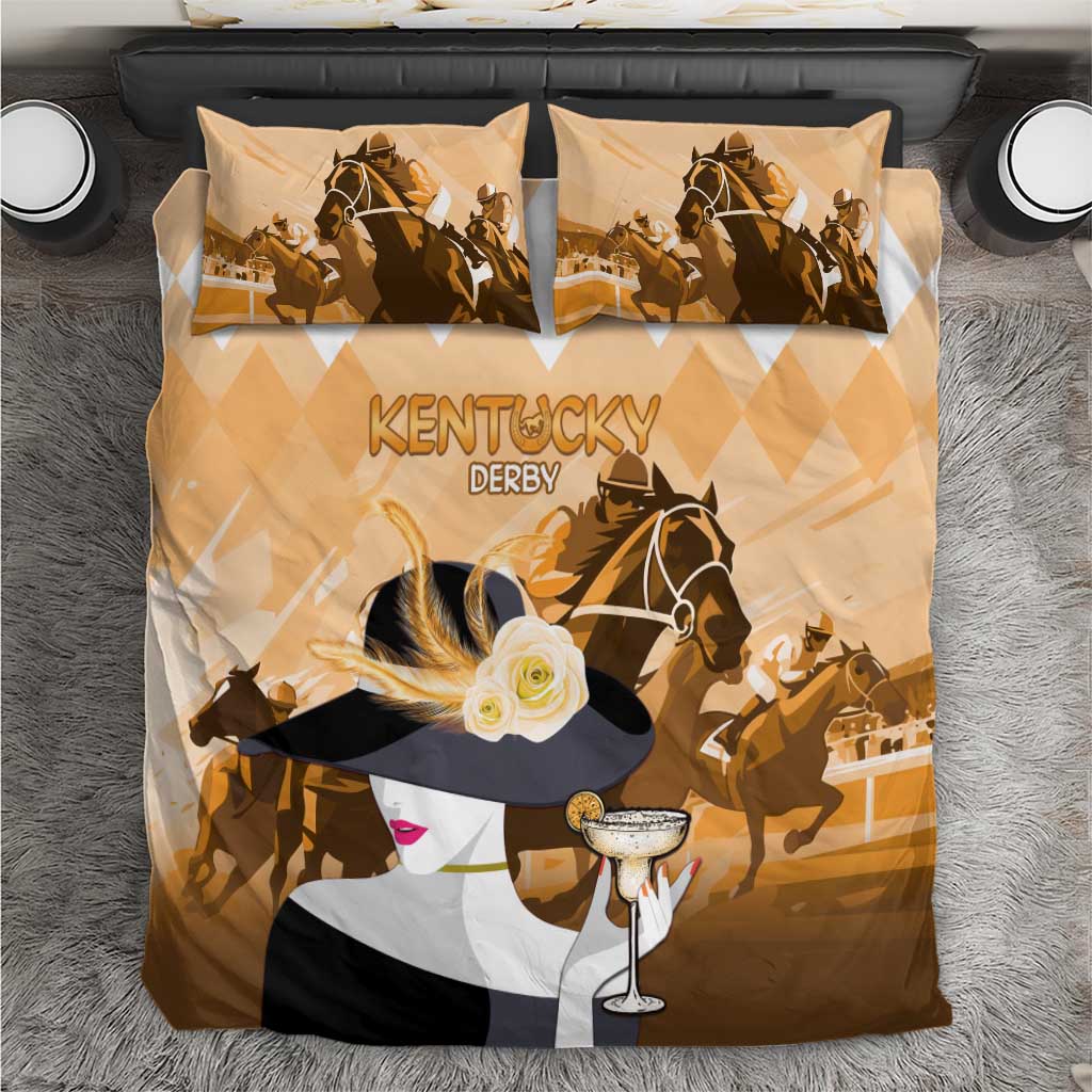 Gold Kentucky Derby-themed bedding set with cowboy girl, horses, flower, and two pillows
