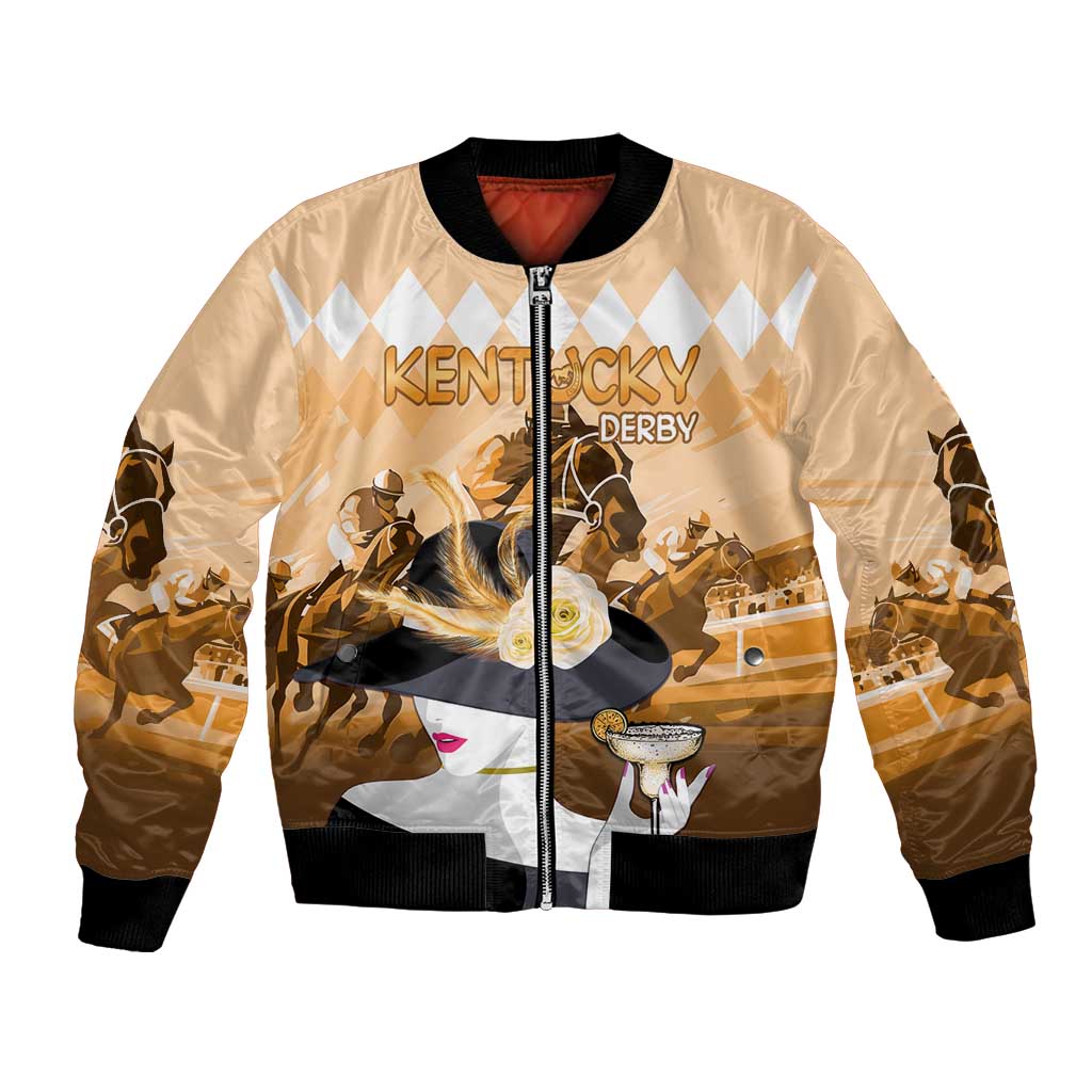 Gold bomber jacket with horse racing graphic, zip front, black ribbed cuffs and hem