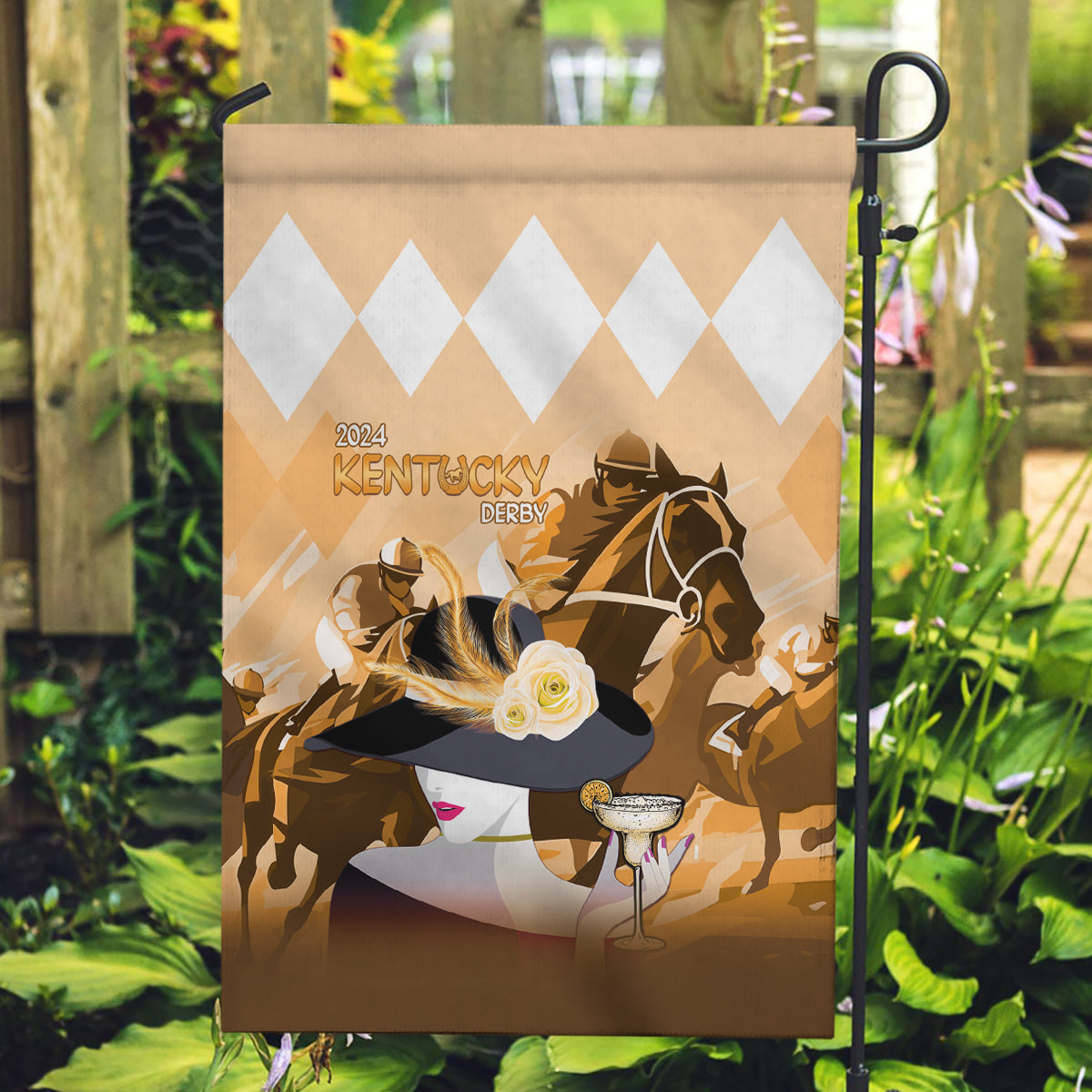 2024 Kentucky Horse Racing Garden Flag Derby Mint Julep Girl - Gold Pastel - Wonder Print Shop