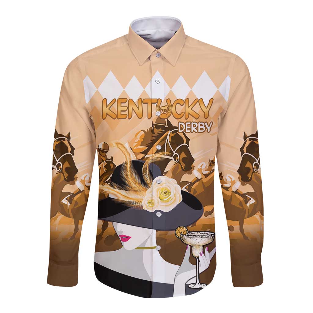 Long-sleeve button shirt, tan/gold, front graphic with horses and Kentucky Derby text