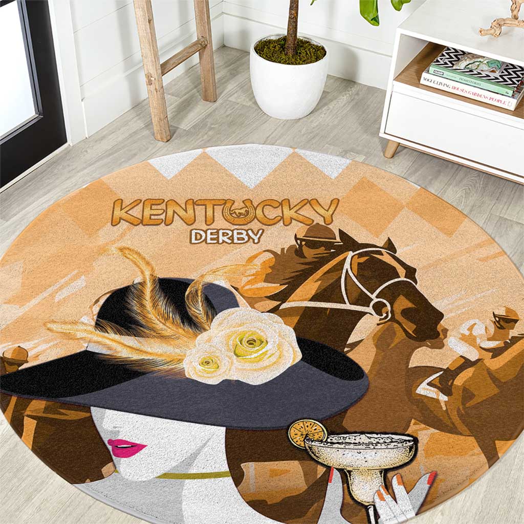 Gold round rug with Kentucky Derby text and horse-and-julep girl illustration