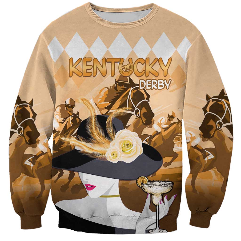 Gold sweatshirt with 'KENTUCKY DERBY' print, woman silhouette and horse scene