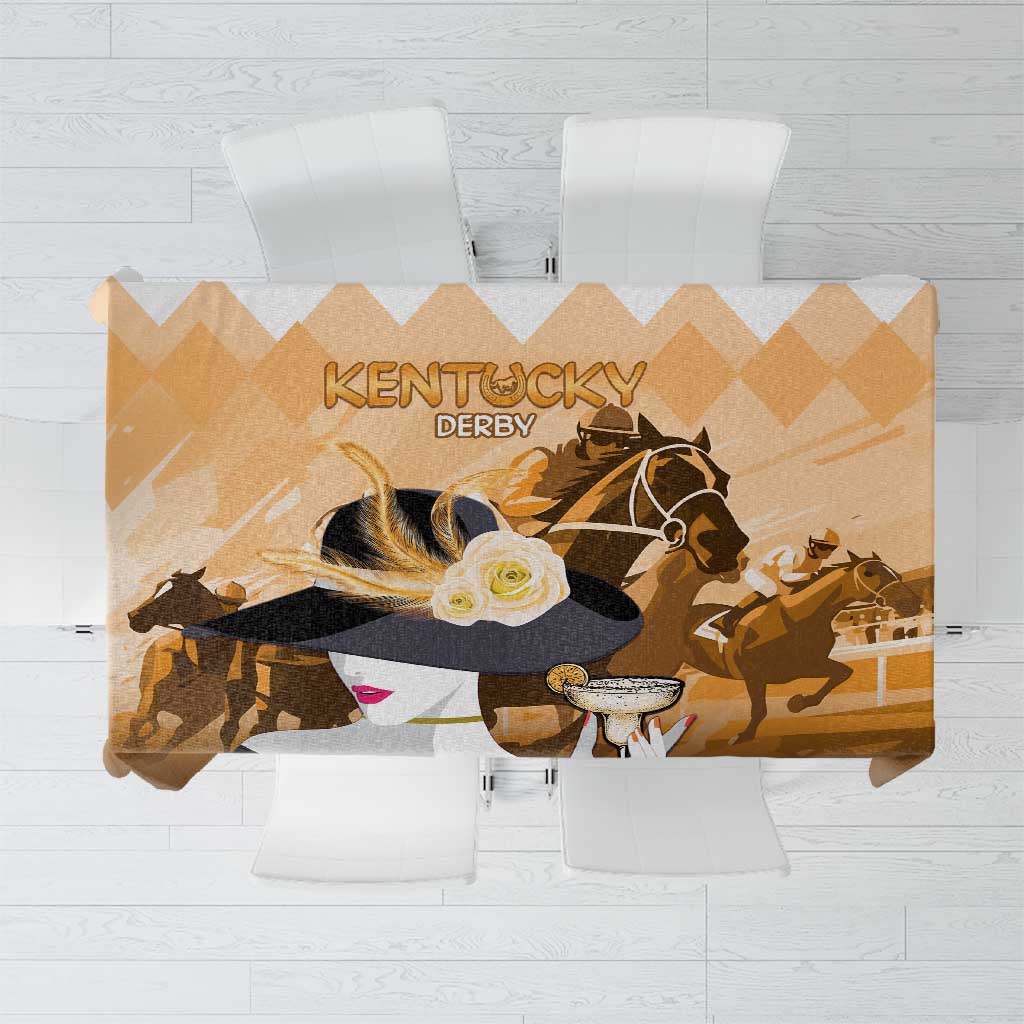 Gold-brown tablecloth with 'KENTUCKY DERBY' text and horse-racing scene