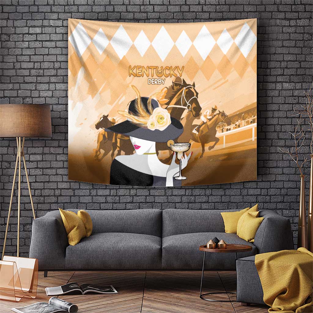 Gold and white diamond-pattern wall tapestry featuring a horse and mint julep