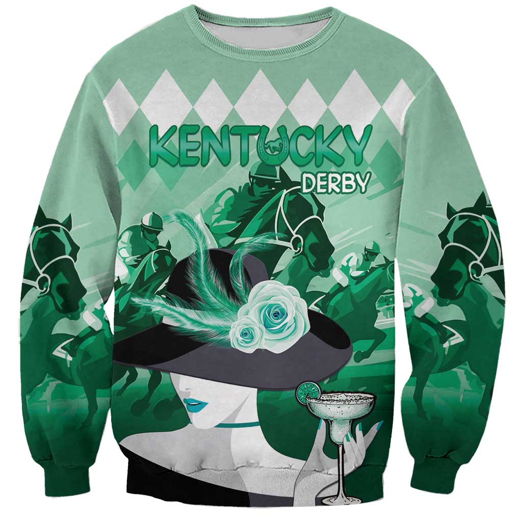 Mint green sweatshirt with 'KENTUCKY DERBY' graphic and horse/jockey portrait