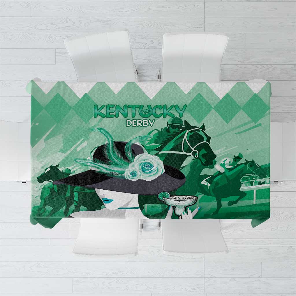 Green tablecloth with Kentucky Derby horse graphic and green diamond pattern