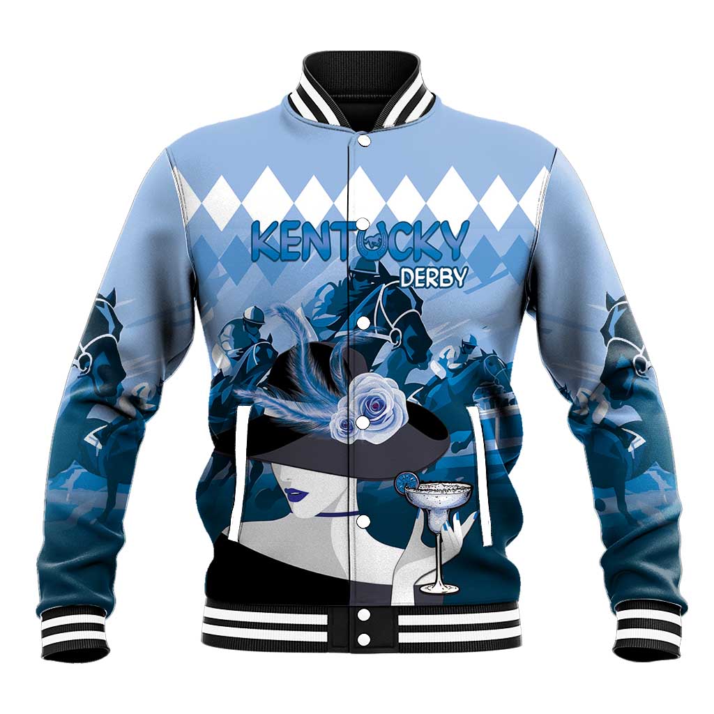 Blue pastel baseball jacket with horse racing graphics, argyle pattern, button front