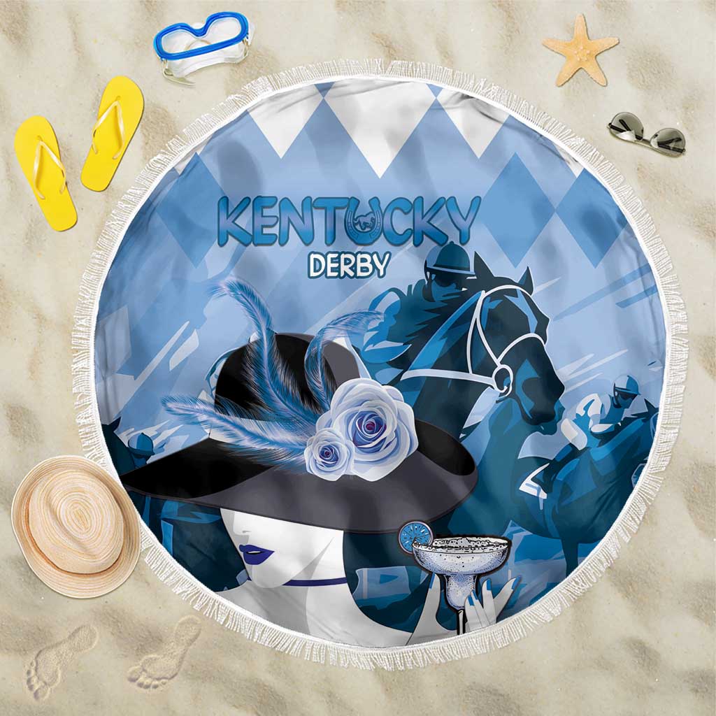 Blue round Kentucky Derby beach blanket with horse graphic and white fringe edge