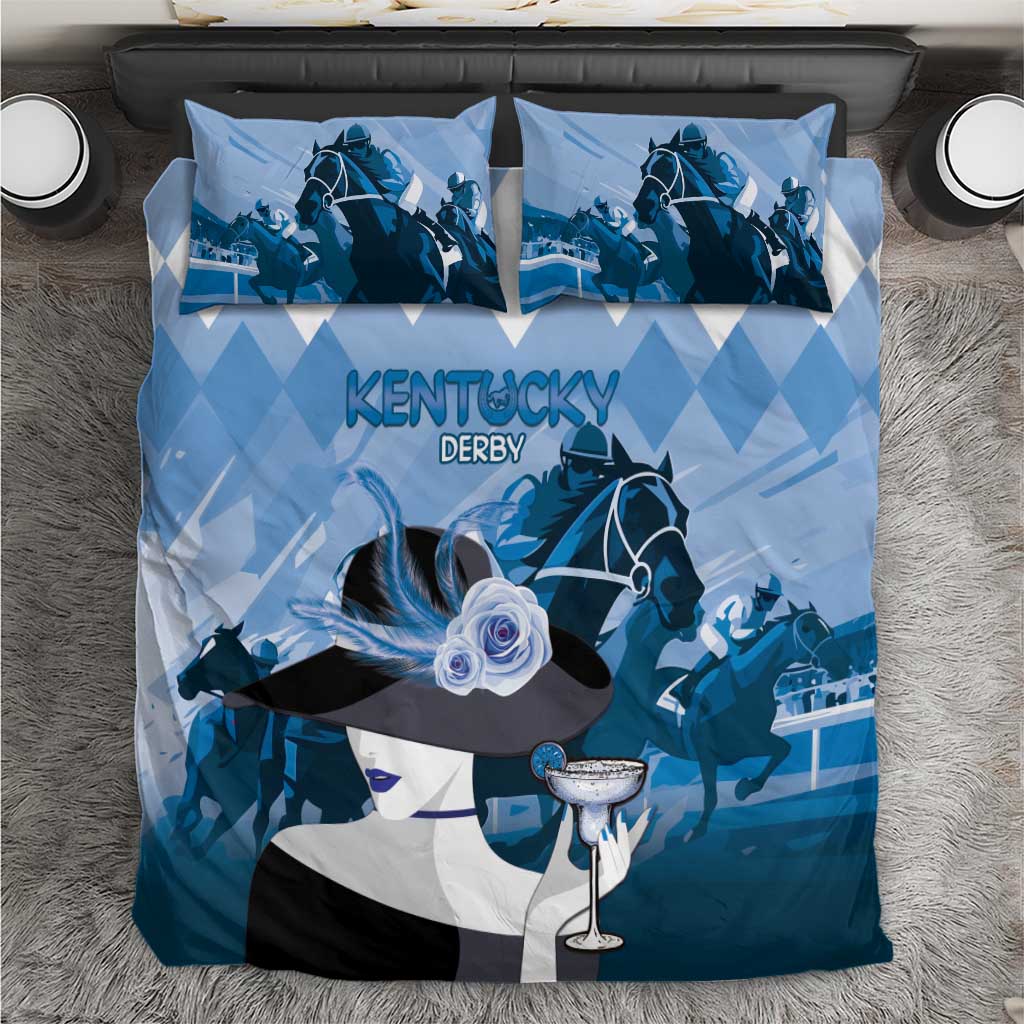 Kentucky Derby bedding set with blue jockey horse graphic, rose flower, and Kentucky Derby text