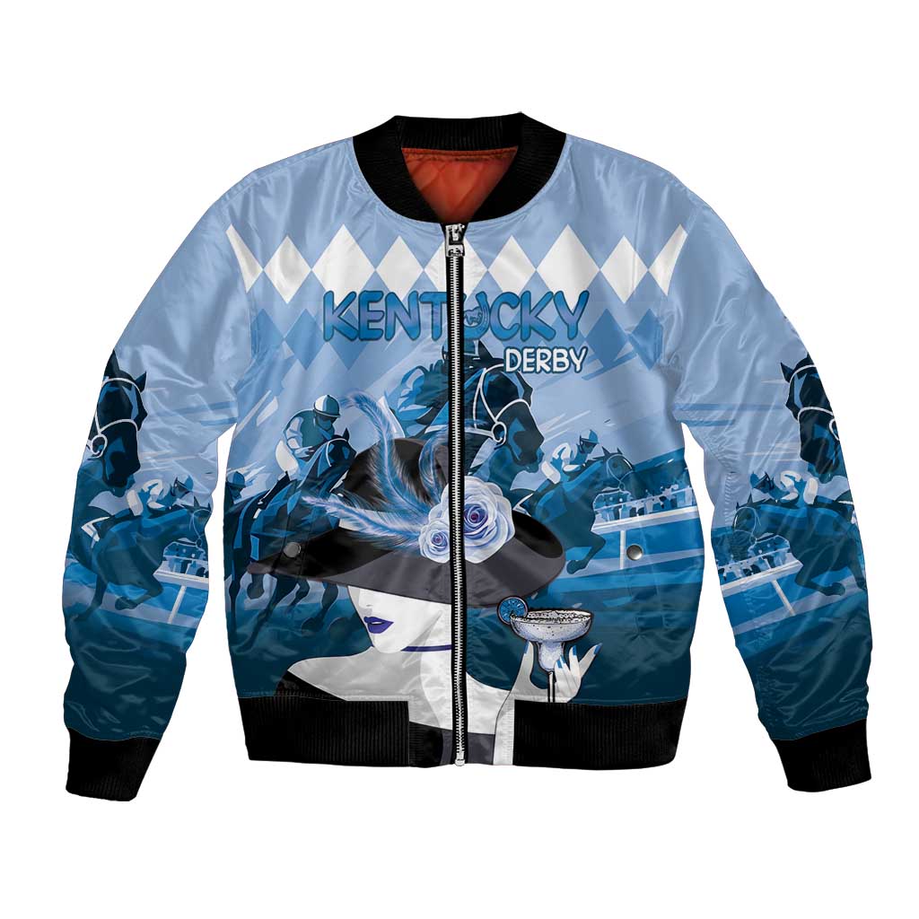 Light blue bomber jacket with black ribbed cuffs, full-zip front, Kentucky Derby graphic